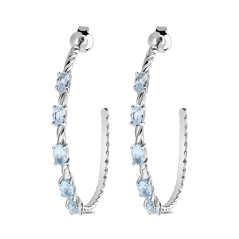 Oval Natural Sky Blue Topaz Gemstone Hoop Earrings