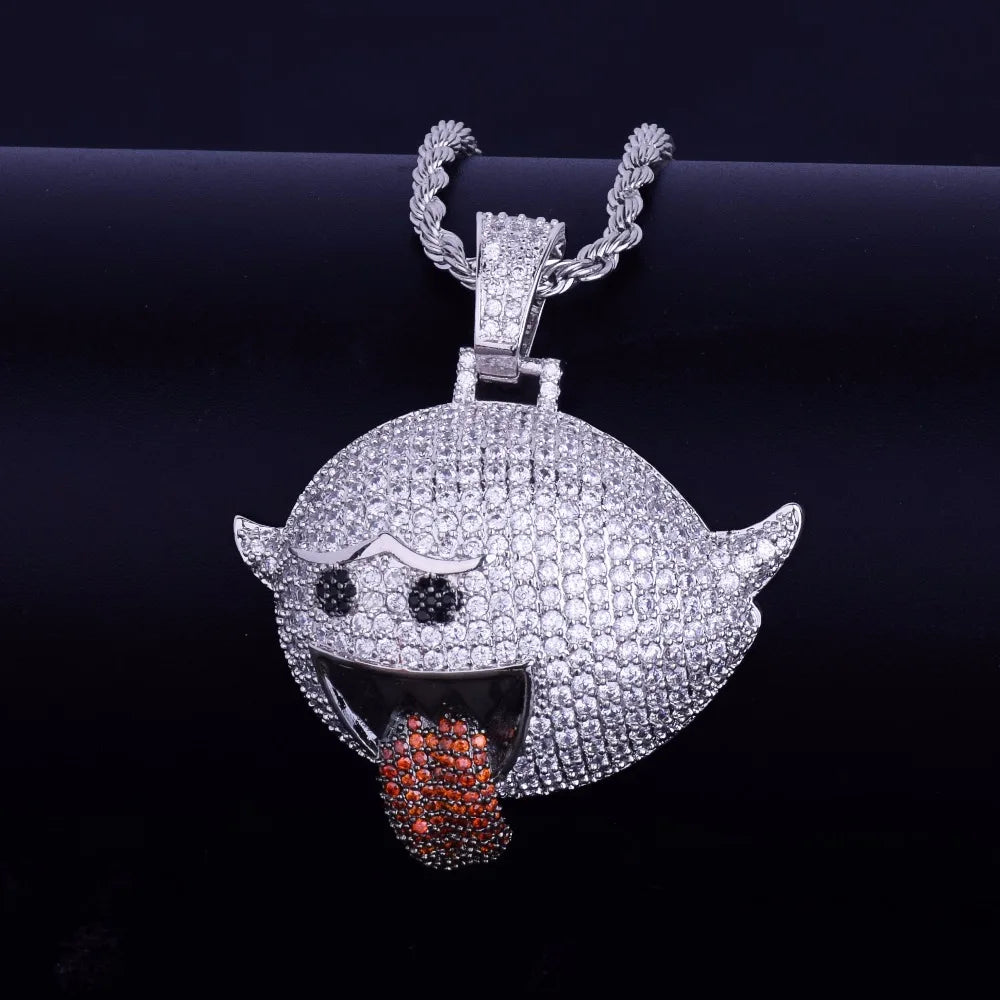 Silver flying ghost pendant, rope chain, being displayed on jewelry display