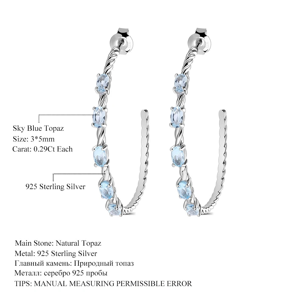 Oval Natural Sky Blue Topaz Gemstone Hoop Earrings
