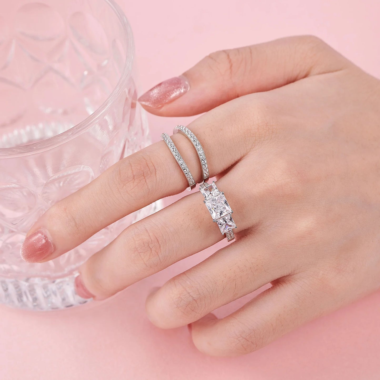 Three-Stone Princess Sterling Silver Engagement Rings