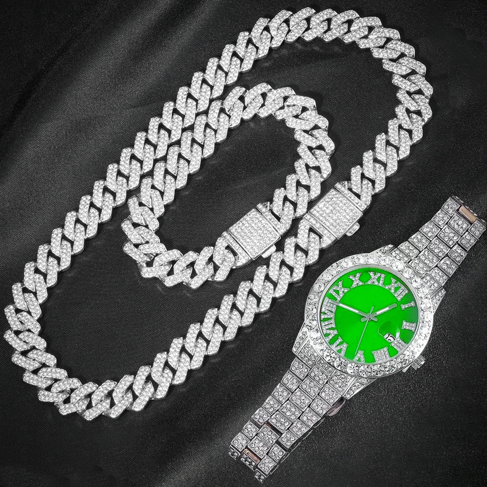 3-piece Cuban Chain Watch Set