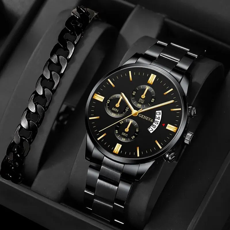 Black and gold luxury watch and chain bracelet in box diagonal