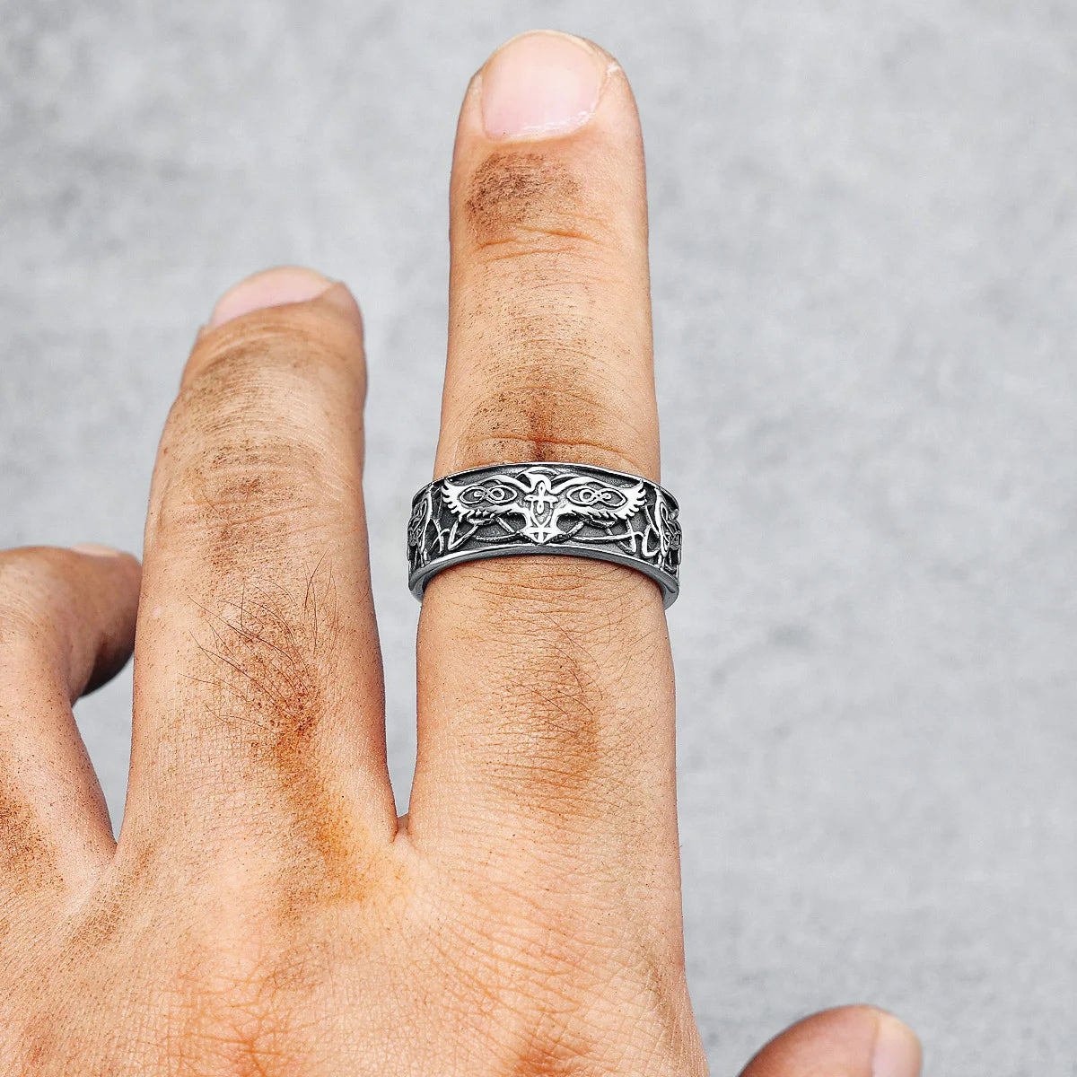Phoenix Totem Ring Stainless Steel on index finger top view