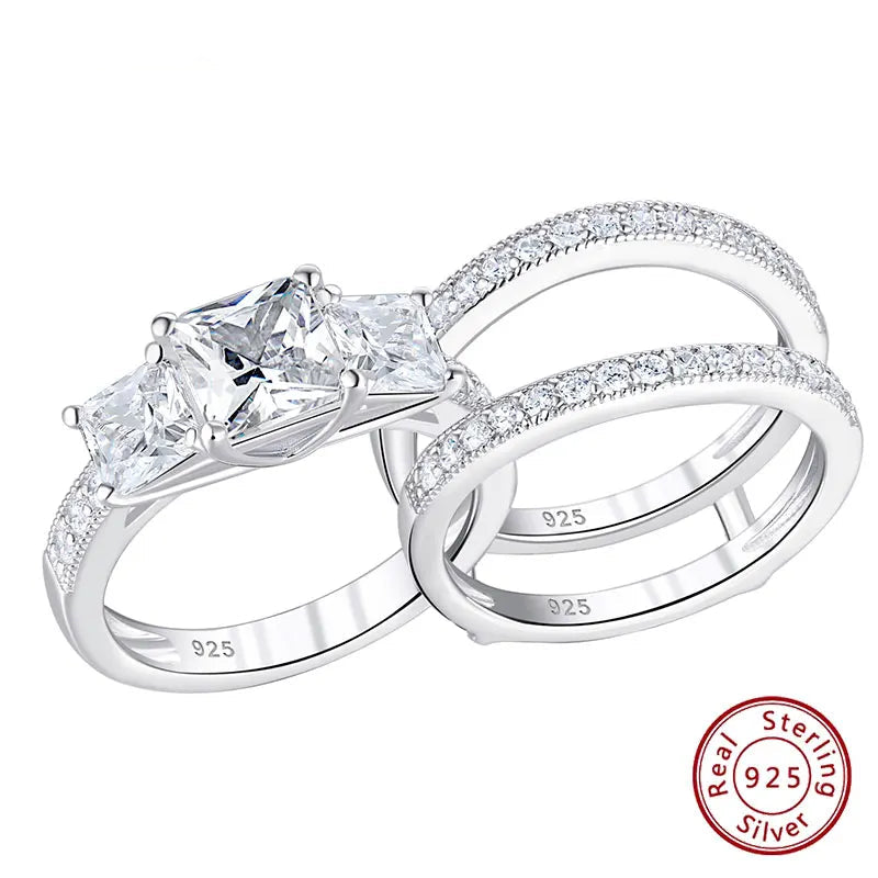Three-Stone Princess Sterling Silver Engagement Rings