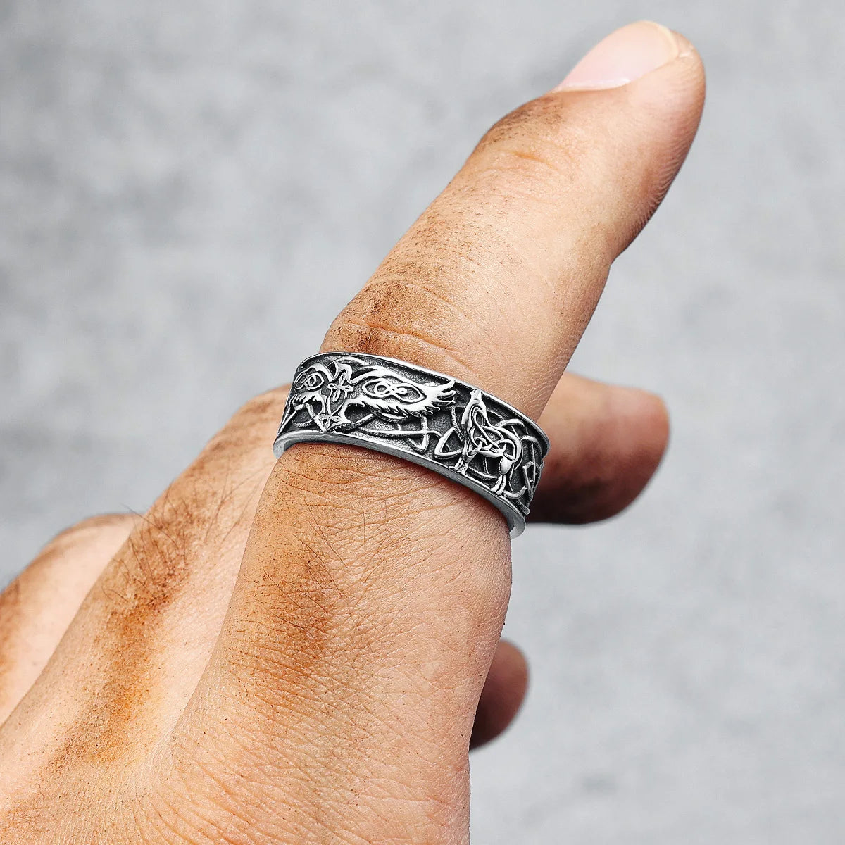 Phoenix Totem Ring Stainless Steel on index finger diagonal view