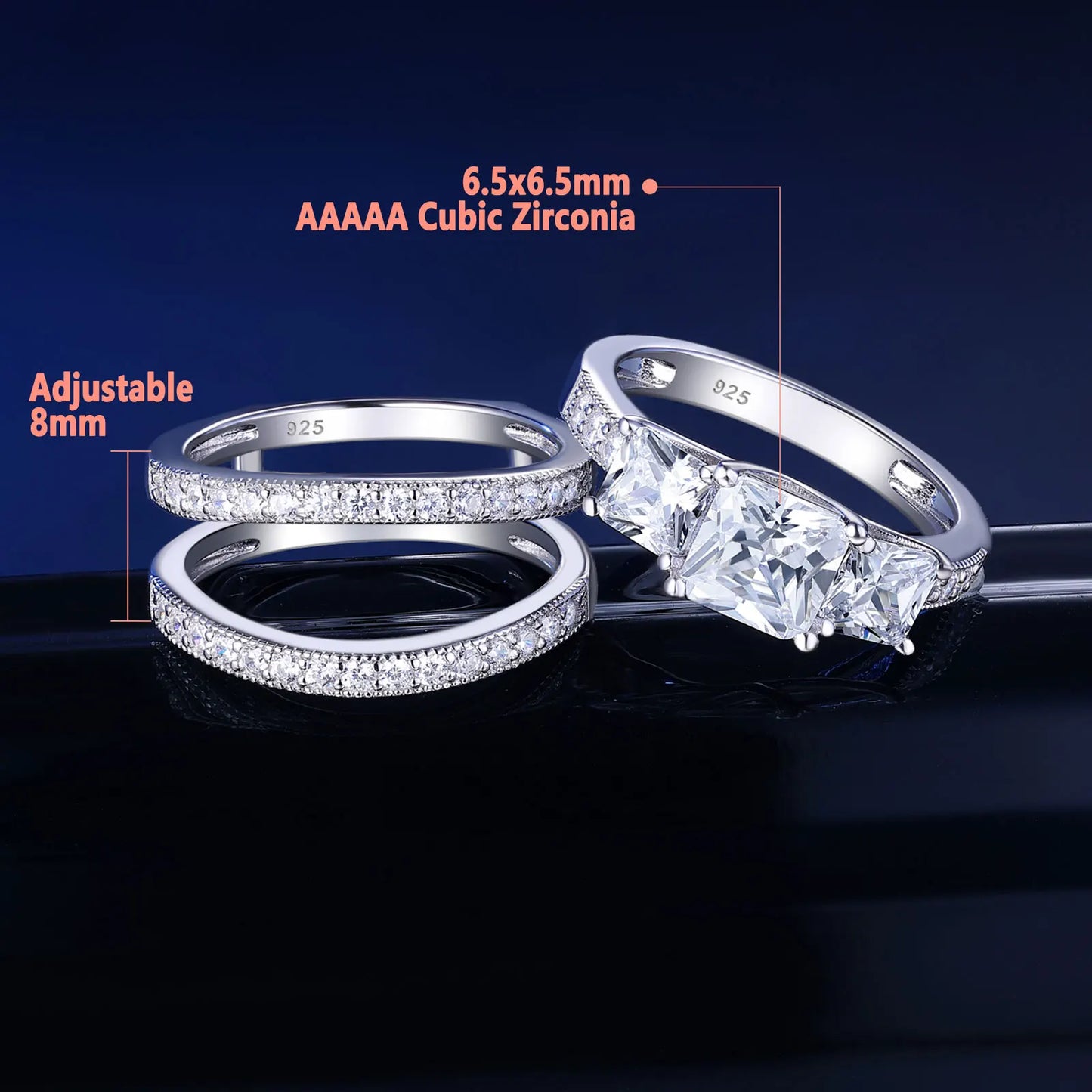 Three-Stone Princess Sterling Silver Engagement Rings