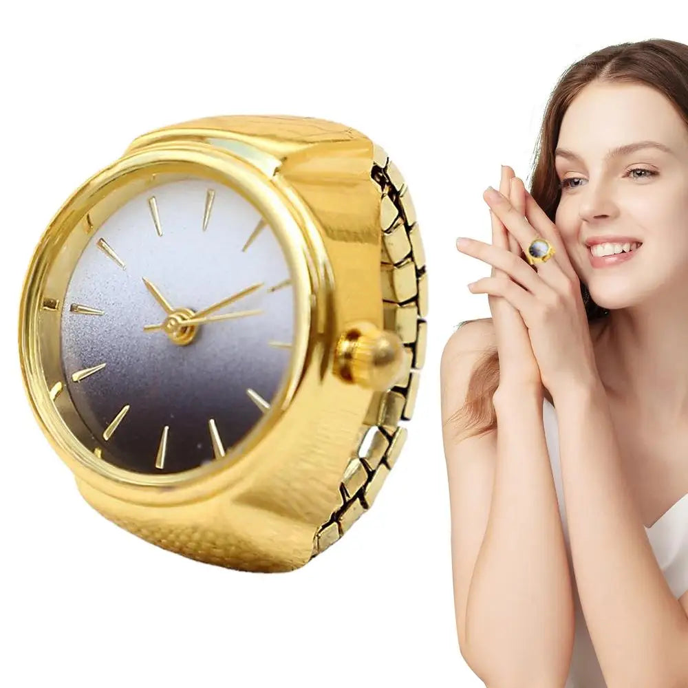 gold and white finger punk watch ring close up with woman wearing it brown hair