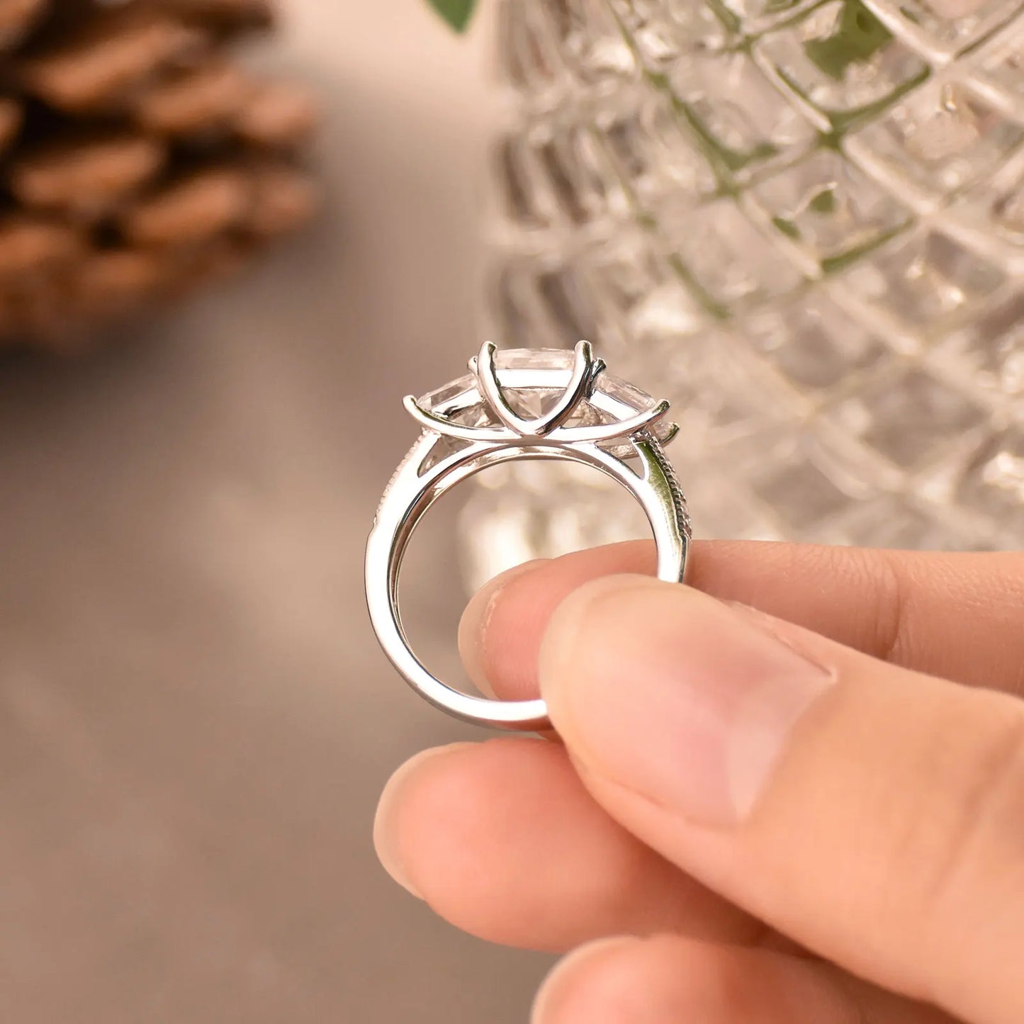 Three-Stone Princess Sterling Silver Engagement Rings