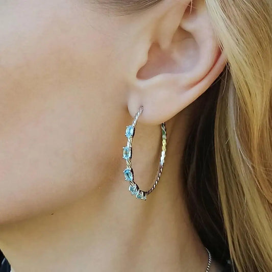 Oval Natural Sky Blue Topaz Gemstone Hoop Earrings