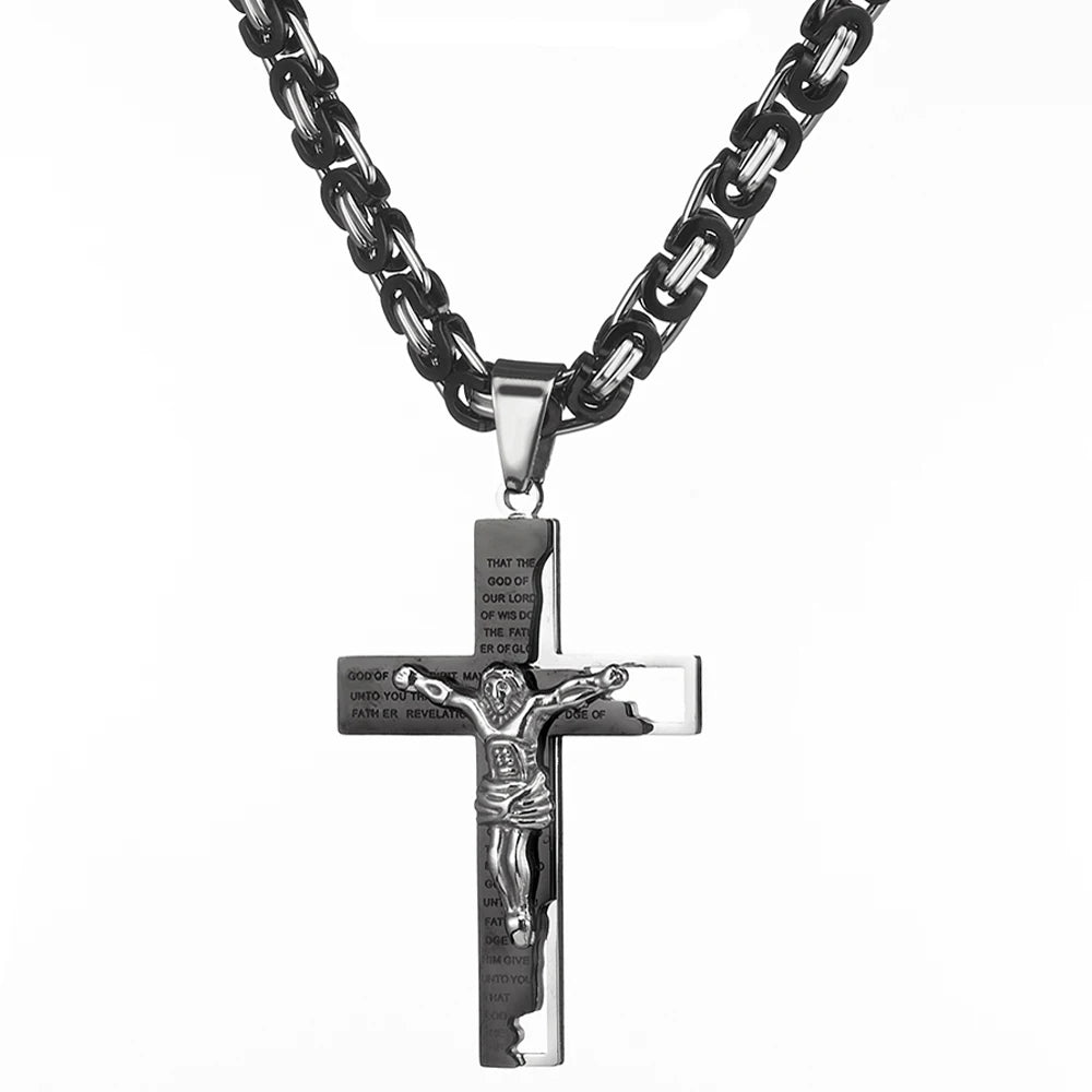 Black and silver Byzantine cross and chain handing front view