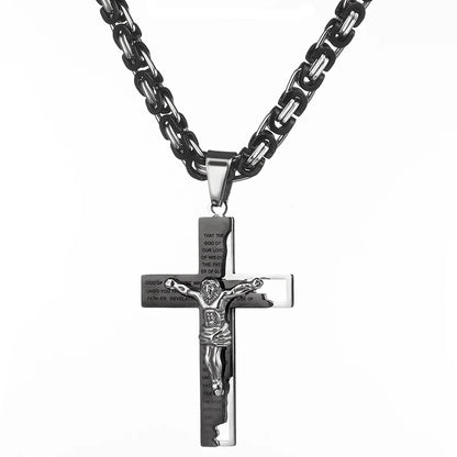 Black and silver Byzantine cross and chain handing front view