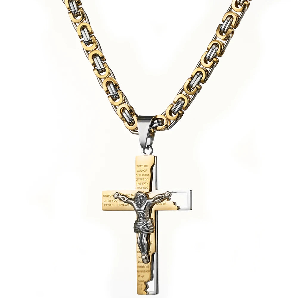 Silver and gold Byzantine cross and chain hanging front view