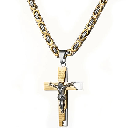 Silver and gold Byzantine cross and chain hanging front view