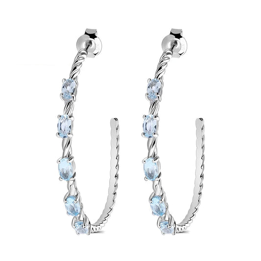 Oval Natural Sky Blue Topaz Gemstone Hoop Earrings