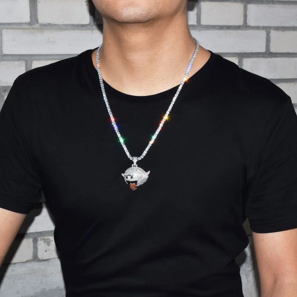 Gold flying ghost pendant on tennis chain silver on mans neck front view