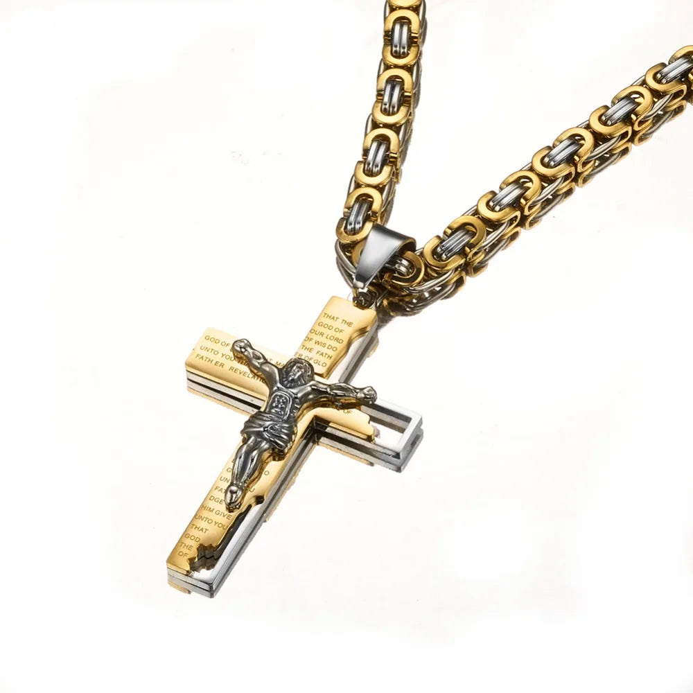 Silver and gold Byzantine cross and chain laying diagonal 