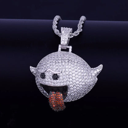 Silver flying ghost pendant, rope chain, being displayed on jewelry display