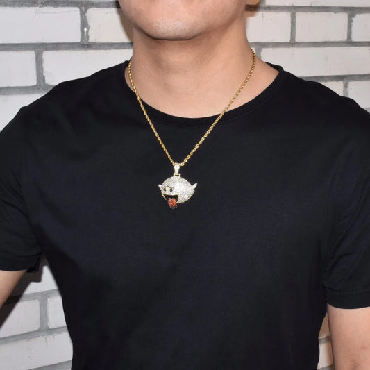 Gold flying ghost pendant on rope chain on mans neck front view