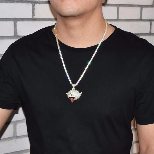 Gold flying ghost pendant on tennis chain on mans neck front view