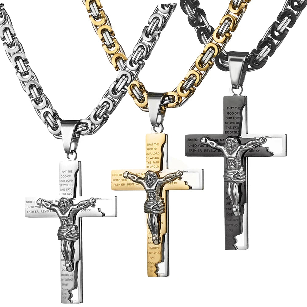 silver gold and black Byzantine cross and chains next to each other