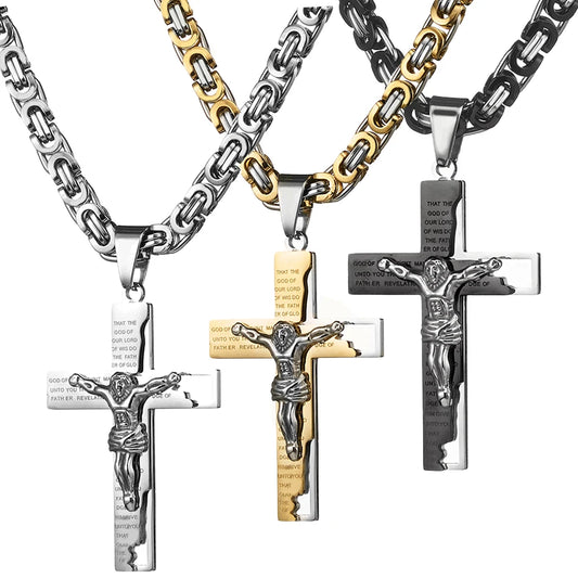 silver gold and black Byzantine cross and chains next to each other
