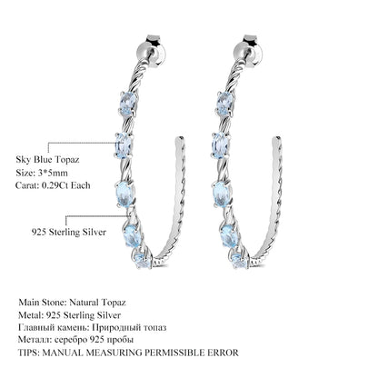 Oval Natural Sky Blue Topaz Gemstone Hoop Earrings
