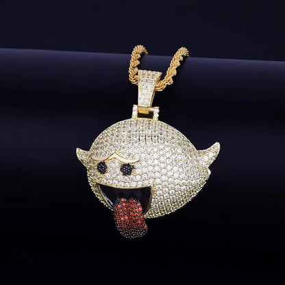 Gold flying ghost pendant, rope chain, being displayed on jewelry display