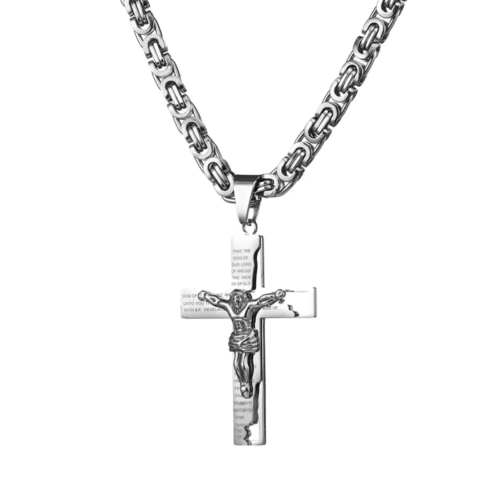 All Silver Byzantine cross and chain handing front view 