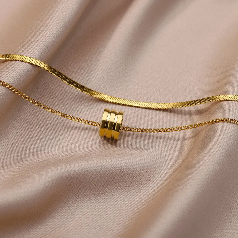 Stainless Steel Double Layer Thick Round Pendant Necklace