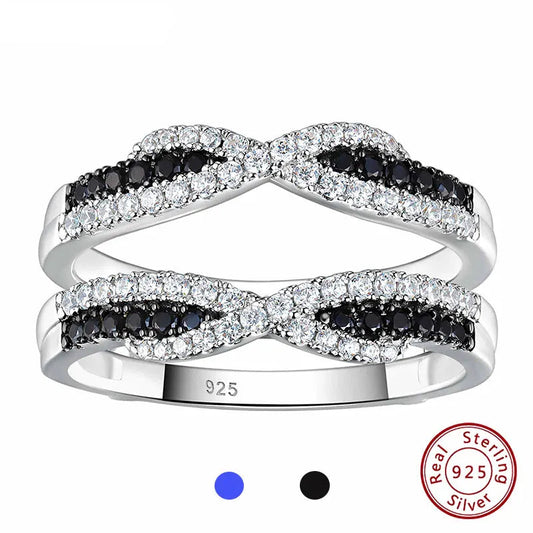 925 Sterling Silver Black Blue White 5A Grade Cubic Zircon Ring