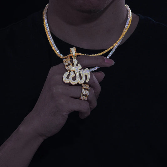 Gold Moissanite rune pendant on mans neck held up