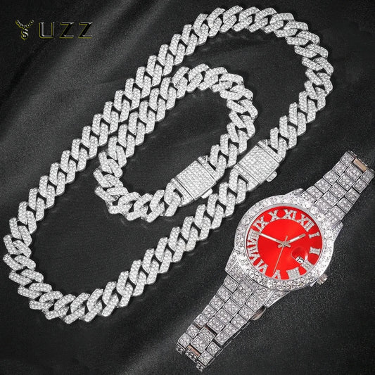 3-piece Cuban Chain Watch Set