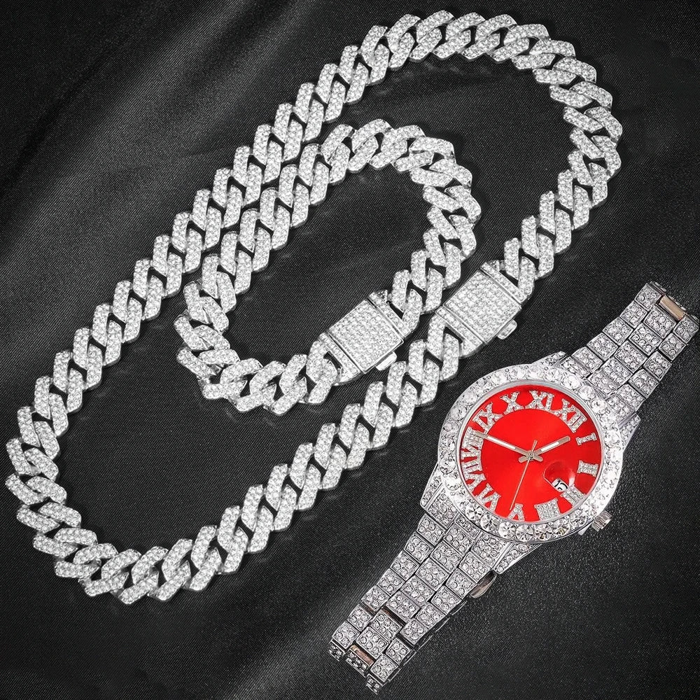 3-piece Cuban Chain Watch Set