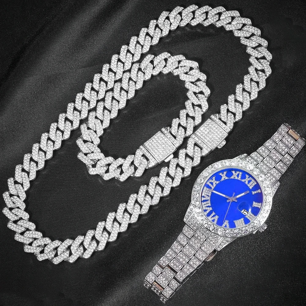 3-piece Cuban Chain Watch Set