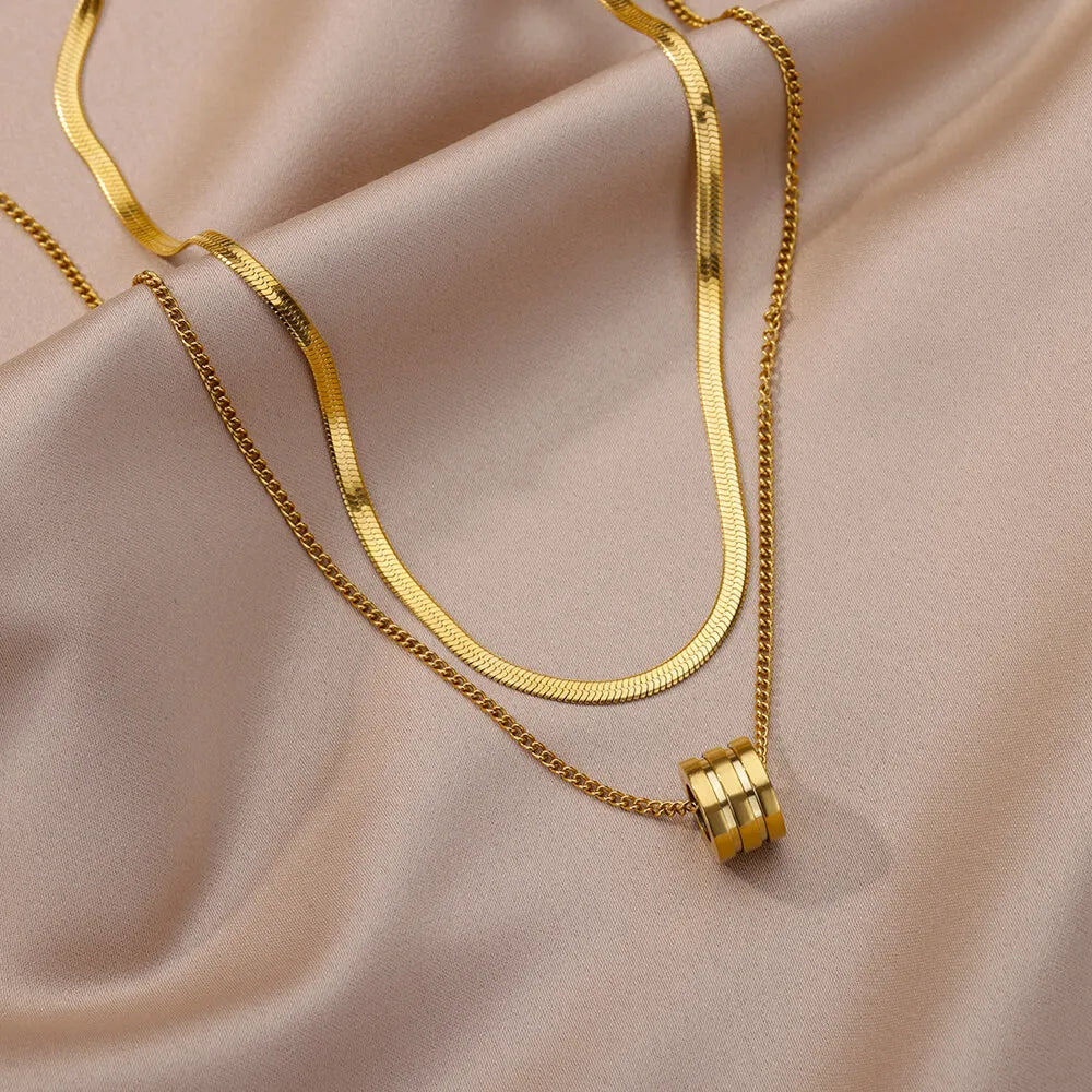 Stainless Steel Double Layer Thick Round Pendant Necklace