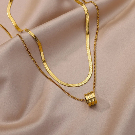 Stainless Steel Double Layer Thick Round Pendant Necklace