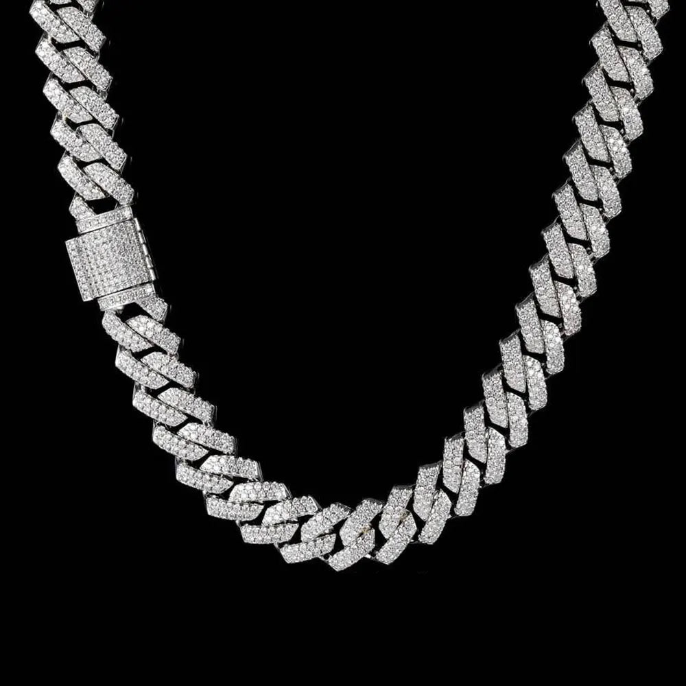White gold cuban chain with Moissanite stones close up of chain hanging down