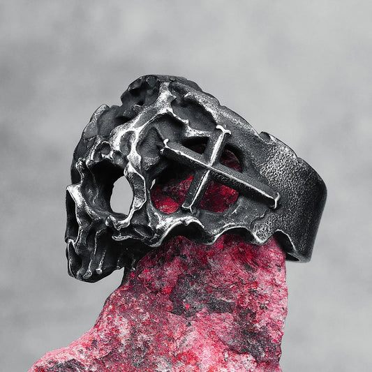 Hollow Skull Ring displayed on crystal mount, side right 
