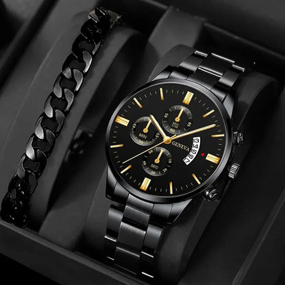 Black and gold luxury watch and chain bracelet in box diagonal 