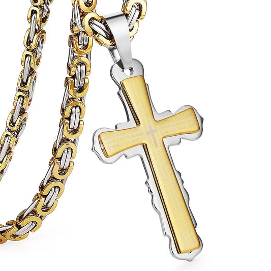 Gold and silver cross hanging in air 