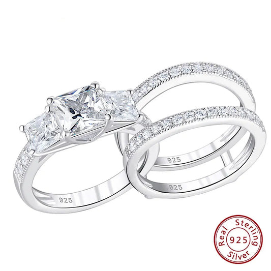 Three-Stone Princess  Sterling Silver Engagement Rings