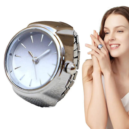 Silver and white finger punk watch ring close up with woman wearing it brown hair