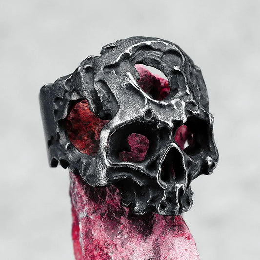 Hollow Skull Ring displayed on crystal mount 