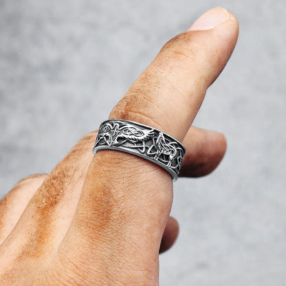 Phoenix Totem Ring Stainless Steel on index finger diagonal view