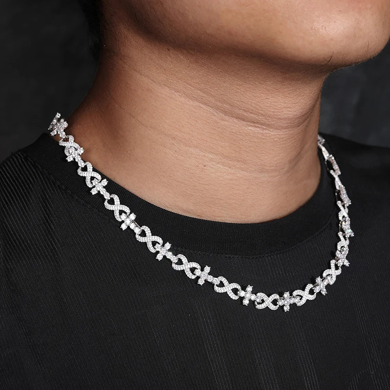Moissanite crosses chain around neck, diagonal view silver 