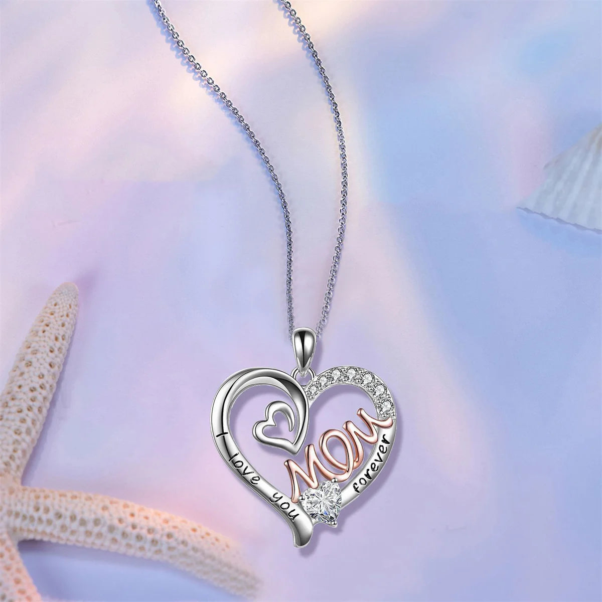 Elegant White K-Plated 'Love Heart' Mom Pendant