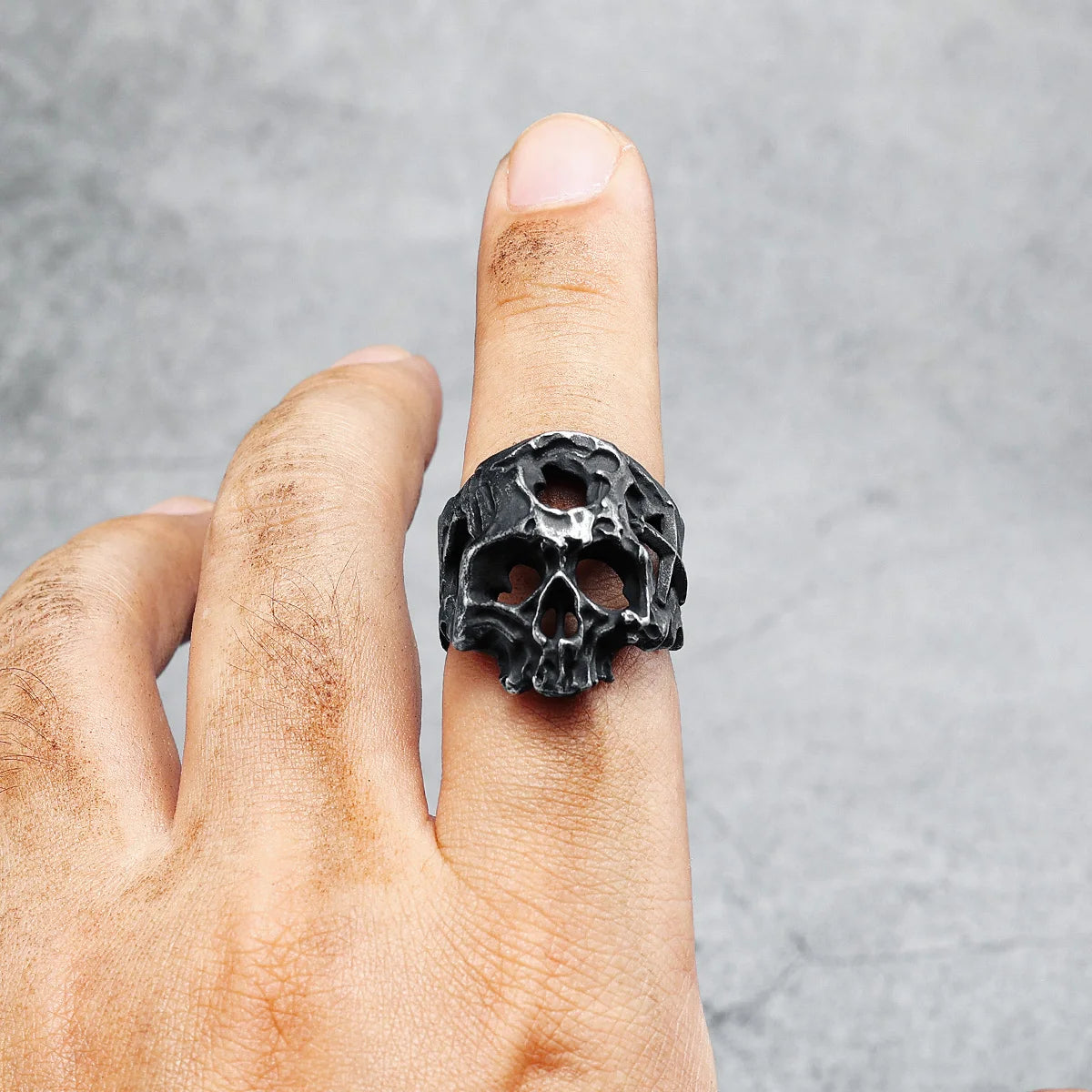 Hollow Skull Ring top view on index finger