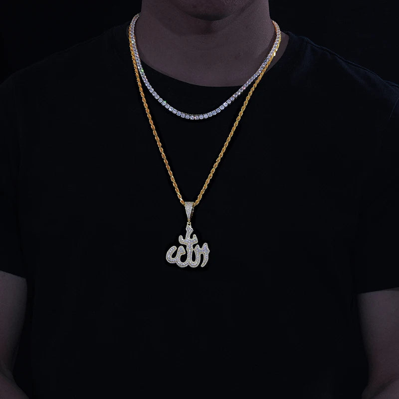 Gold Moissanite rune pendant hand down on mans neck