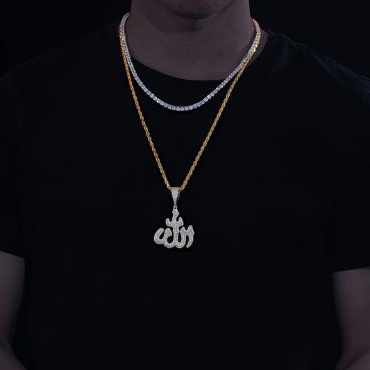 Gold Moissanite rune pendant hand down on mans neck