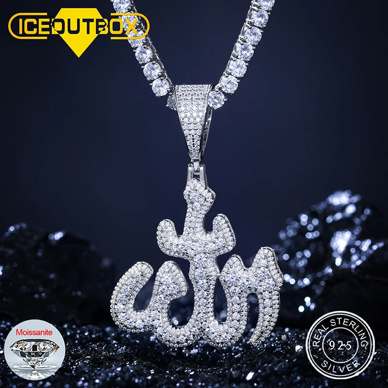 Silver Moissanite rune pendant front hanging view